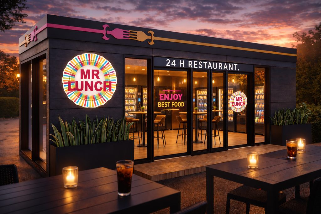 Der Mr. Lunch Store als Container mit Mr.-Lunch-Logo am Abend
