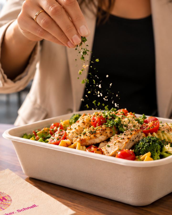 Mitarbeiterin würzt ihr Mr.-Lunch-Gericht mit frischen Kräutern