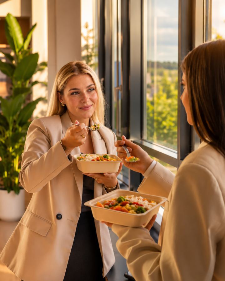 Zwei Kolleginnen essen gemeinsam Gerichte von Mr. Lunch am Bürofenster